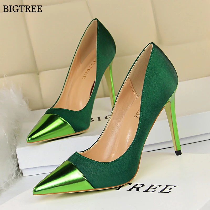 

BIGTREE Summer shoes Women high heels 2019 Female bling pointed toe pumps Green red Sexy heels fashion ladies shoe mixed color