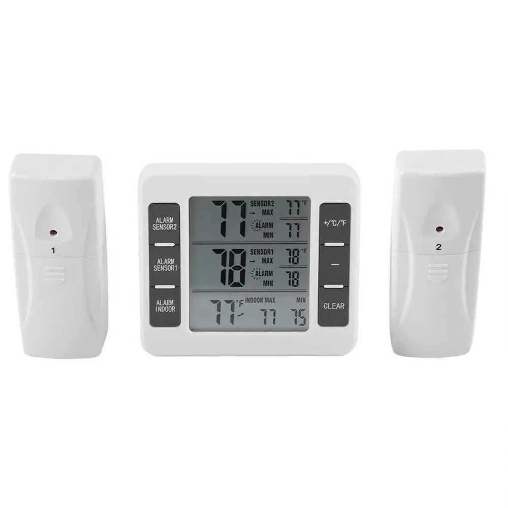 

Wireless Digital Audible Alarm Refrigerator Thermometer with 2PCS Wireless Outdoor Transmitter 0-50C C/F Min Value Display