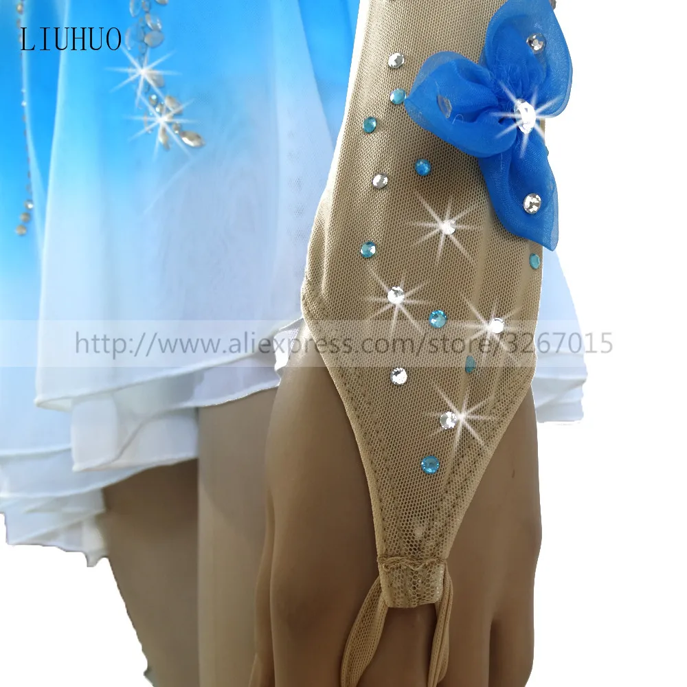 Фигурное катание платье Женская девочек Катание на коньках платье синий цвет градиента ручной сшитые цветы с длинным рукавом Мода