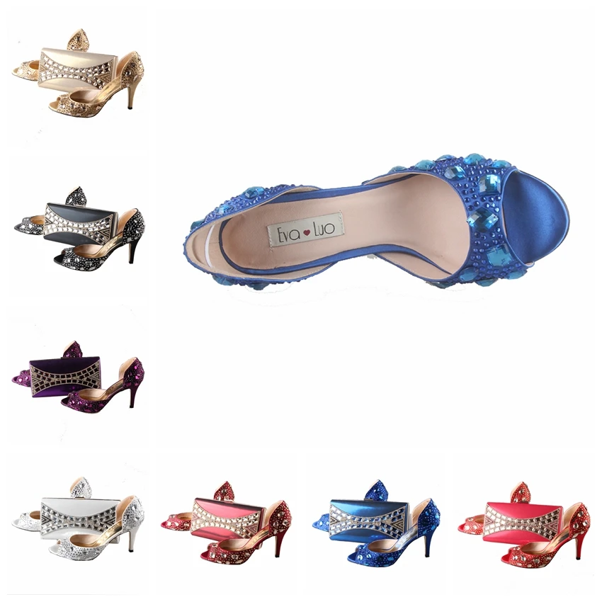 BS009/комплект из итальянских туфель с синими стразами и сумочки под заказ; Свадебная обувь для невесты; женские модельные сандалии; большие размеры
