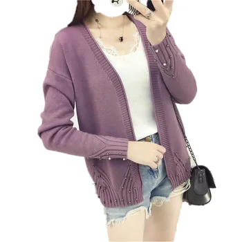 

New Spring Autumn 2018 Female Knit Cardigan Sweater Coat Short Female Beading Solid Loose Plus Size Knitted Jacket Outwear P156