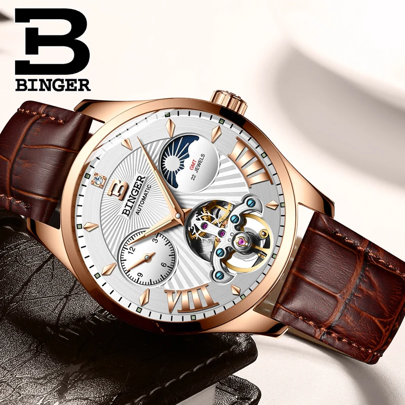 Часы Montre homme Switzerland BINGER Роскошные мужские часы с автоматическим турбийоном