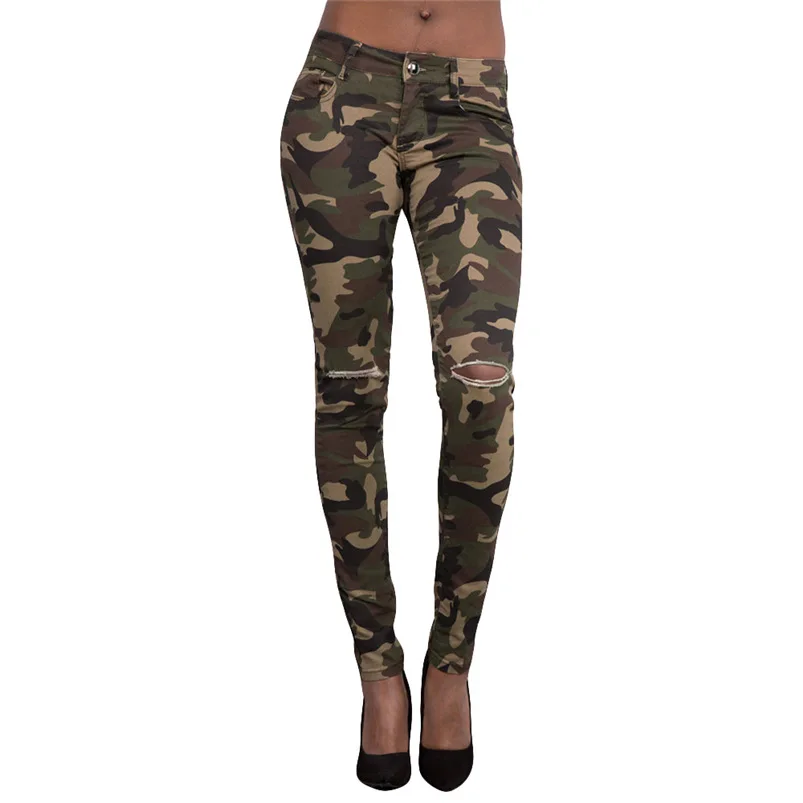 Skinny Camouflage Pants Women Hole Stretch Pants Casual Pants Outdoor ...