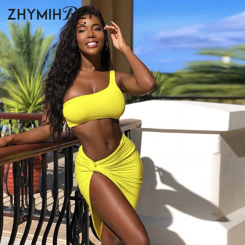 

ZHYMIHRET One Shoulder Crop Tops Ruched Two Pieces Set Dress Women Neon Color Sexy Side Split Vestidos 2023 Summer Beach Dress