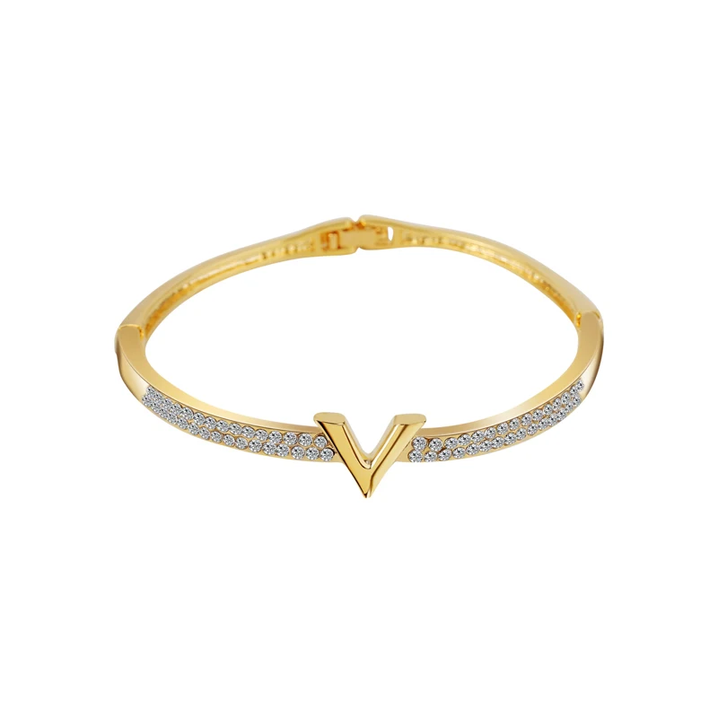 Роскошные буквы V браслет с кристаллами для женщин модные стразы манжета браслеты золото серебро геометрический CZ Циркон браслет - Окраска металла: Золотое шампанское