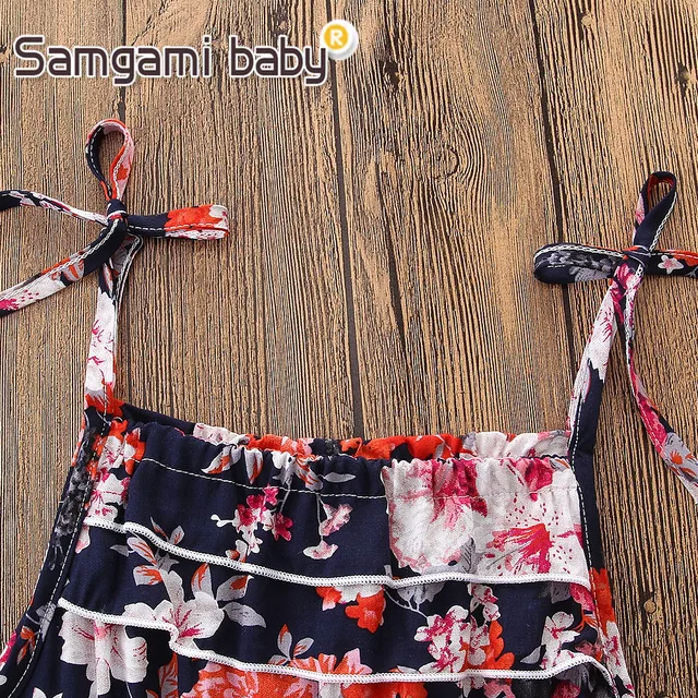 SAMGAMI BABY Condole Belt Pants Summer Beach Party Floral Print Lace-up Girls Jumpsuit Outfit Ruffle Cotton Rompers One-pieces