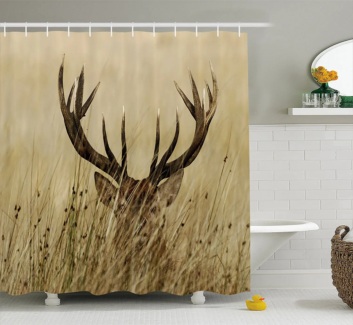 Antler Decor Shower Curtain Whitetail Deer Fawn in Wilderness Stag