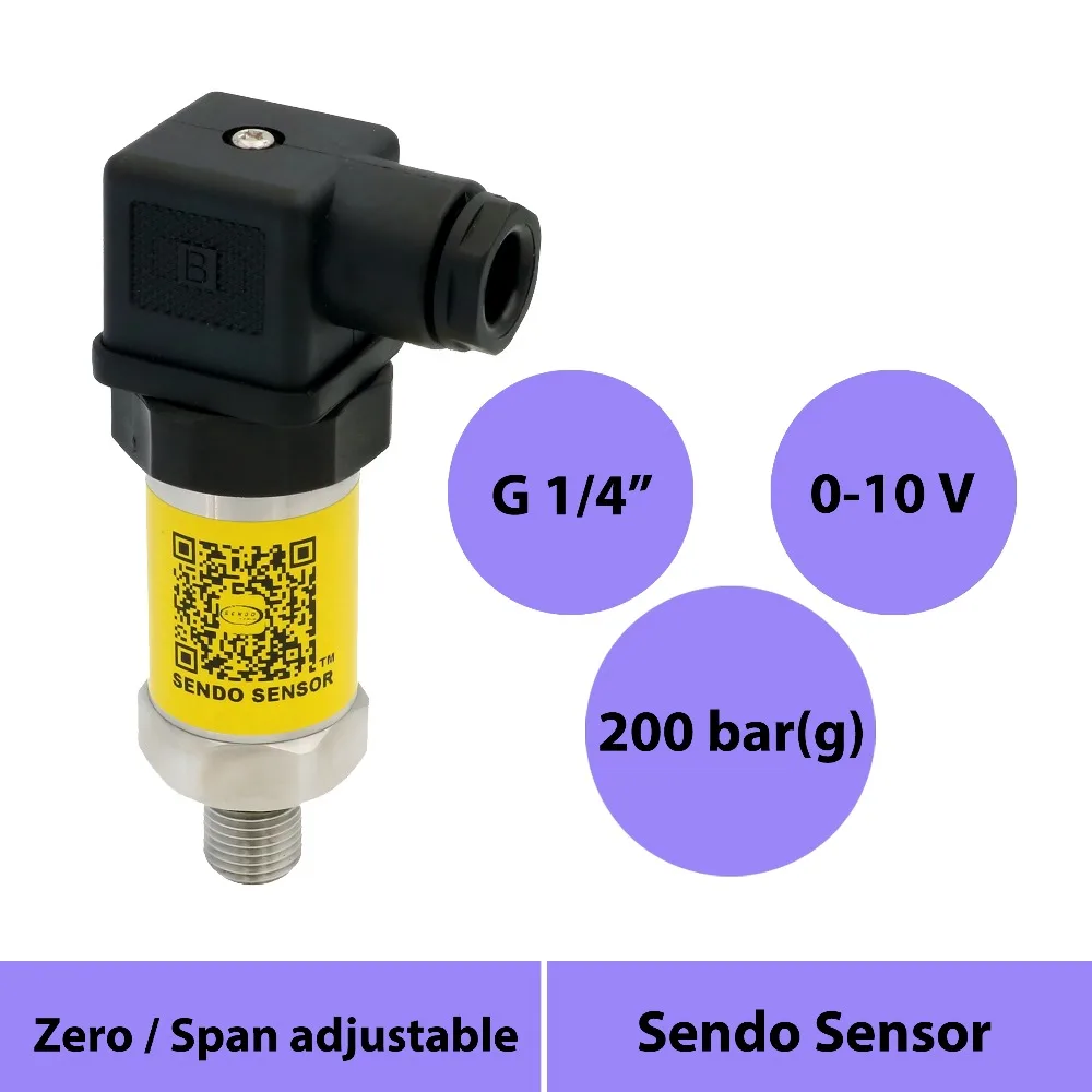 

0 to 10v pressure sensor, 0 to 20 mpa, 200 bar gauge pressure, 15 to 36 v dc excitation, din43650 + g1/4 inch process connection