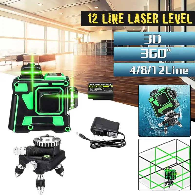 

4/8/12 Lines Adjustable Green laser level meter 360 degree rotary cross laser line level can be used with outdoor mode