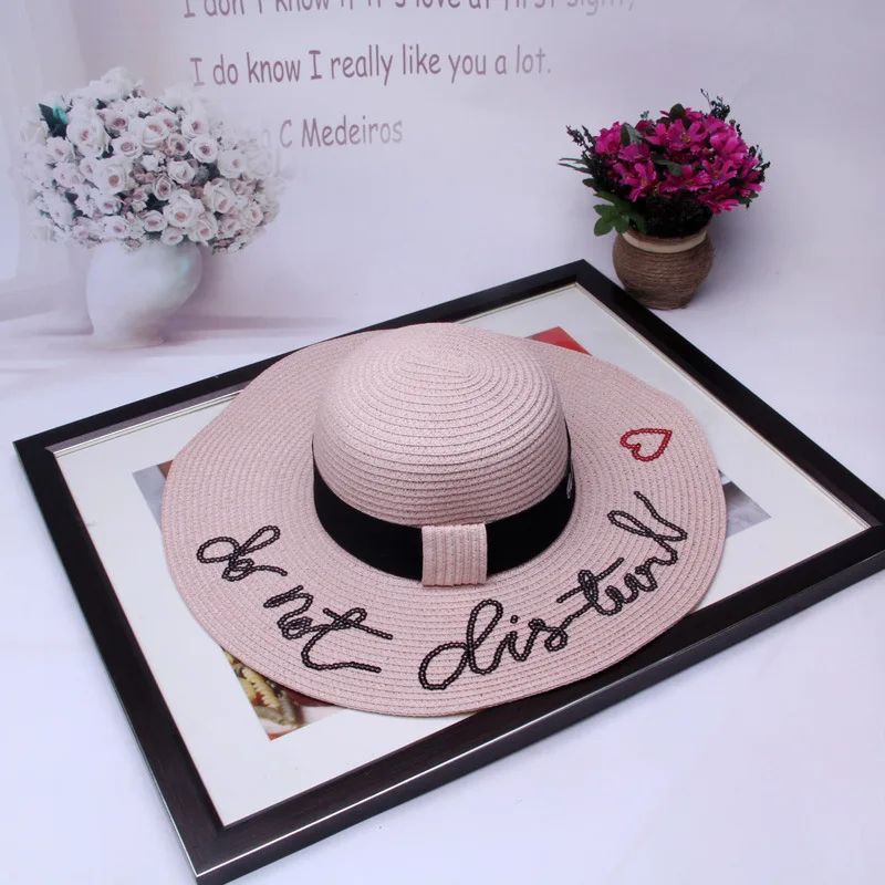 Женские летние кепки Beah, соломенная шляпа с блестками и надписью «Не беспокоить», пляжная шляпа с большими полями для отдыха, плоская шляпа для девочек - Цвет: light pink