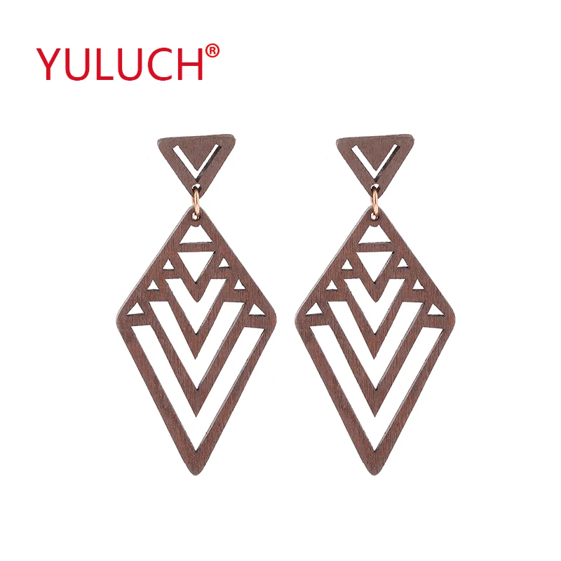 

YULUCH Personality Woman Jewelry Wooden Geometric Rhombus Hollow Overlapping Inverted Triangle Stud Earring Party Gift