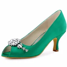 Women Evening Party Mid Heel Pumps Green Peep Toe Clip Buckle Satin Bride Bridesmaids Wedding Bridal Shoes HP1541 Pink Champagne