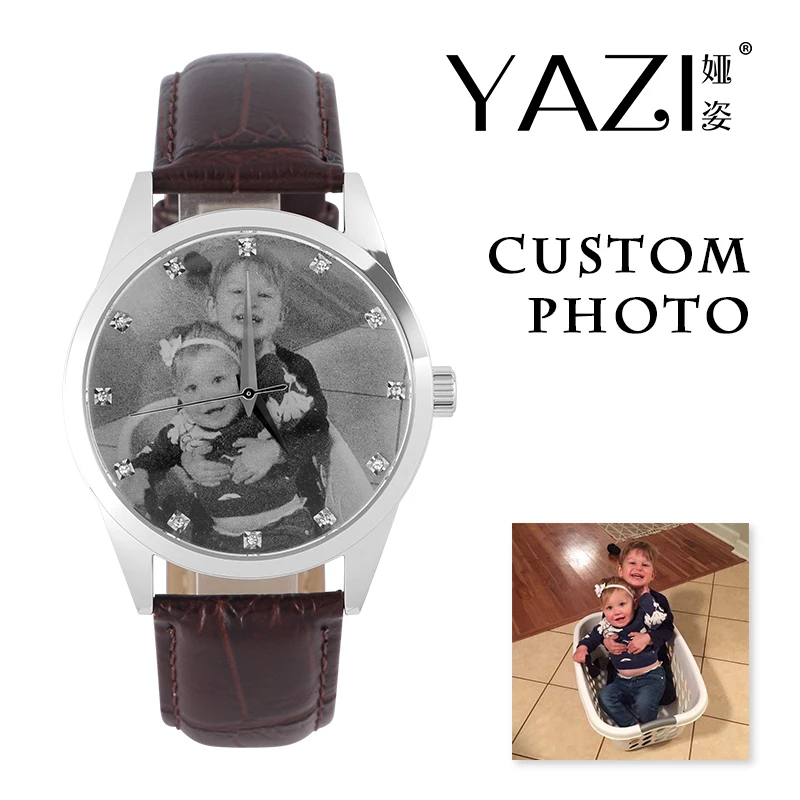 

YAZI Unique Custom Photo Watch Zircon Scale Stainless Steel Watch Genuine Leather Customized Quartz Watches for Men And Women