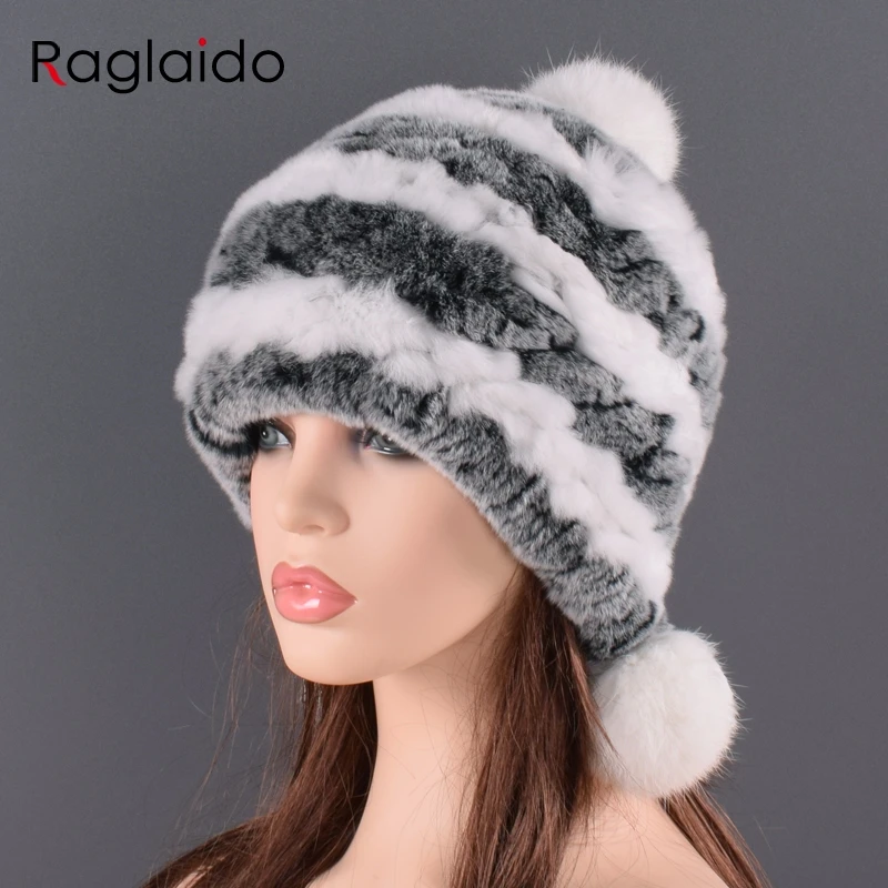 

Bomber fur hats women winter knitted beanies natural rex rabbit fur pompom trapper hat 2 balls stripped warm female earflap caps