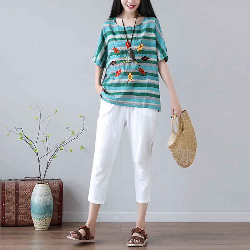 

JAYCOSIN 2019 Hot Sale Summer Women Suit Vogue Bohemian Geometric Print Striped Half Sleeve Tops Calf-Length Pants Set 9042444
