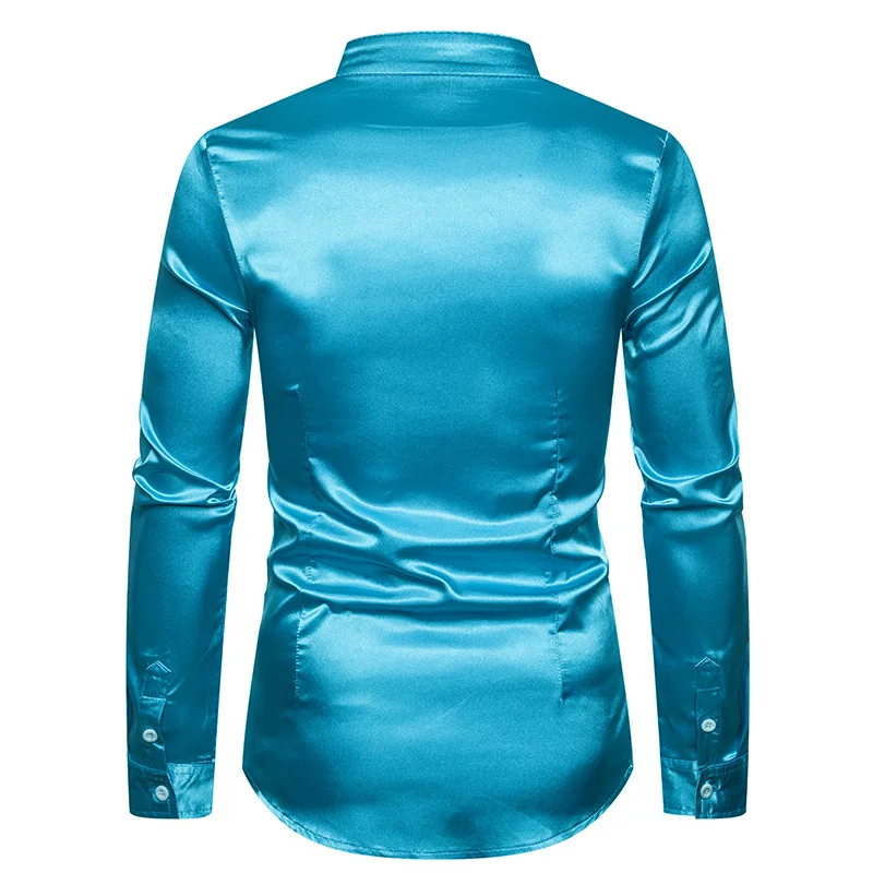 Рубашка мужская атласная гладкая Мужская рубашка деловая Chemise Homme Повседневная облегающая блестящая Золотое свадебное платье рубашки