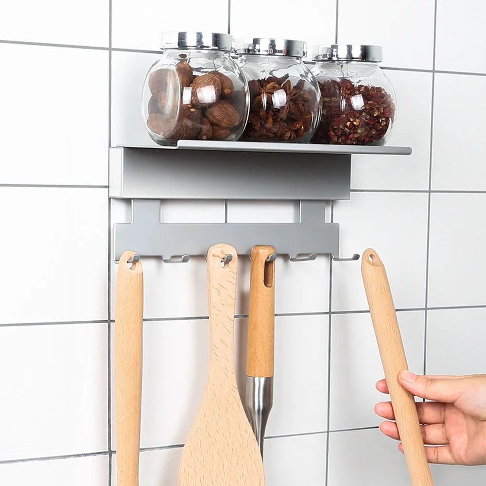 Strong adhesive hook kitchen stainless steel wall hanging rack 6 row of hooks kitchen seasoning