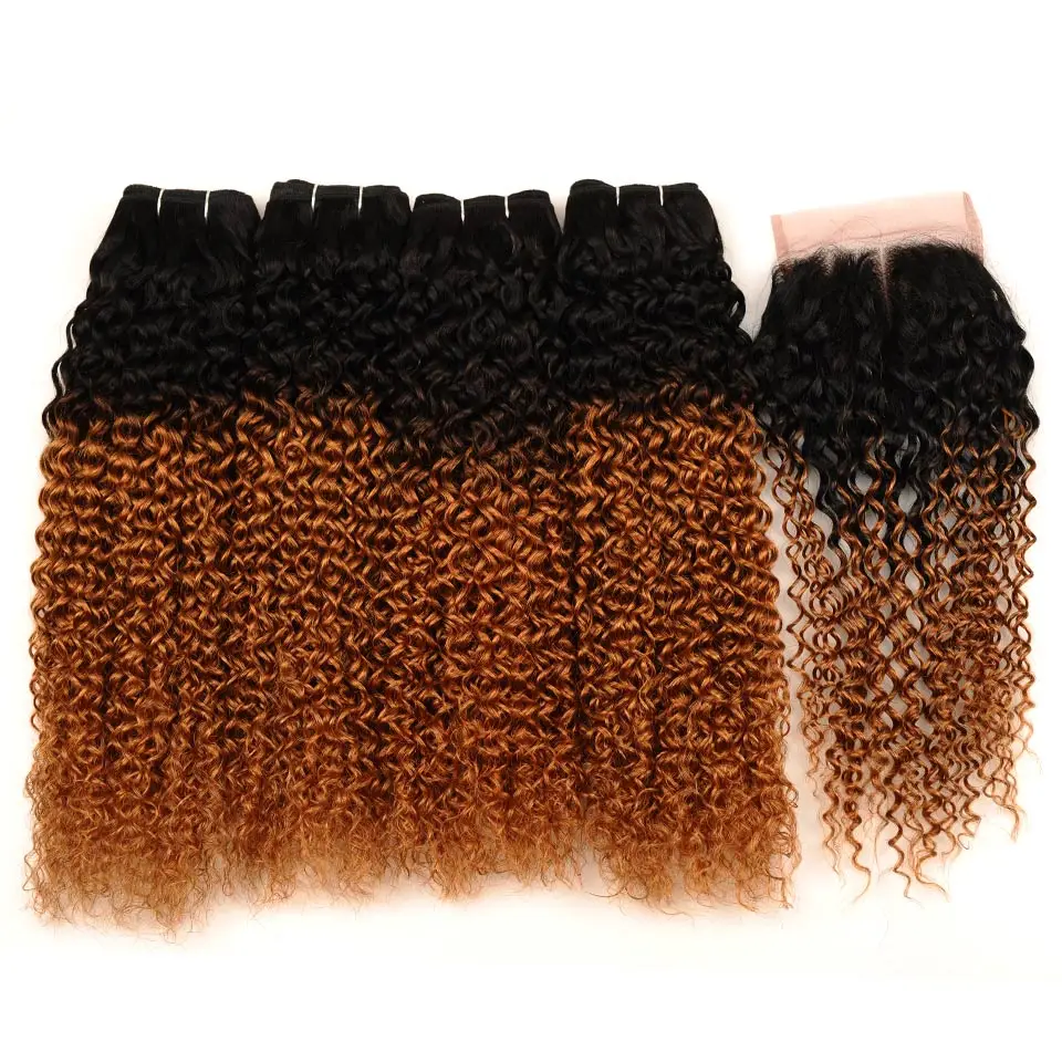 Pinshair Indian Kinky Curly Hair Ombre 1B 30 3 Bundles With Closure Blonde Indian Jerry Human Hair With Closure Non Remy No Shed (75)