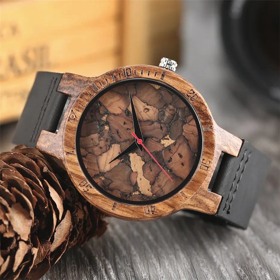 YISUYA Creative ZebraCork SlagBroken Leaves Face Nature Wood Watch Men Genuine Leather Strap Analog Women Bangle Wristwatch (32)