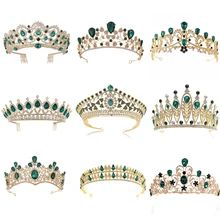 Corona de oro de cristal verde, Tiara de novia, Reina del baile de graduación de moda para boda, corona de fiesta, tocado, joyería para el pelo de la boda