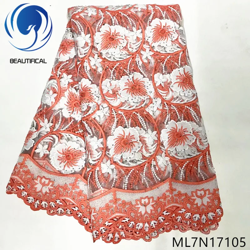

Beautifical french lace fabrics 2019 New two-tone threaded embroidery lace stones fabric for wedding french Net lace ML7N171