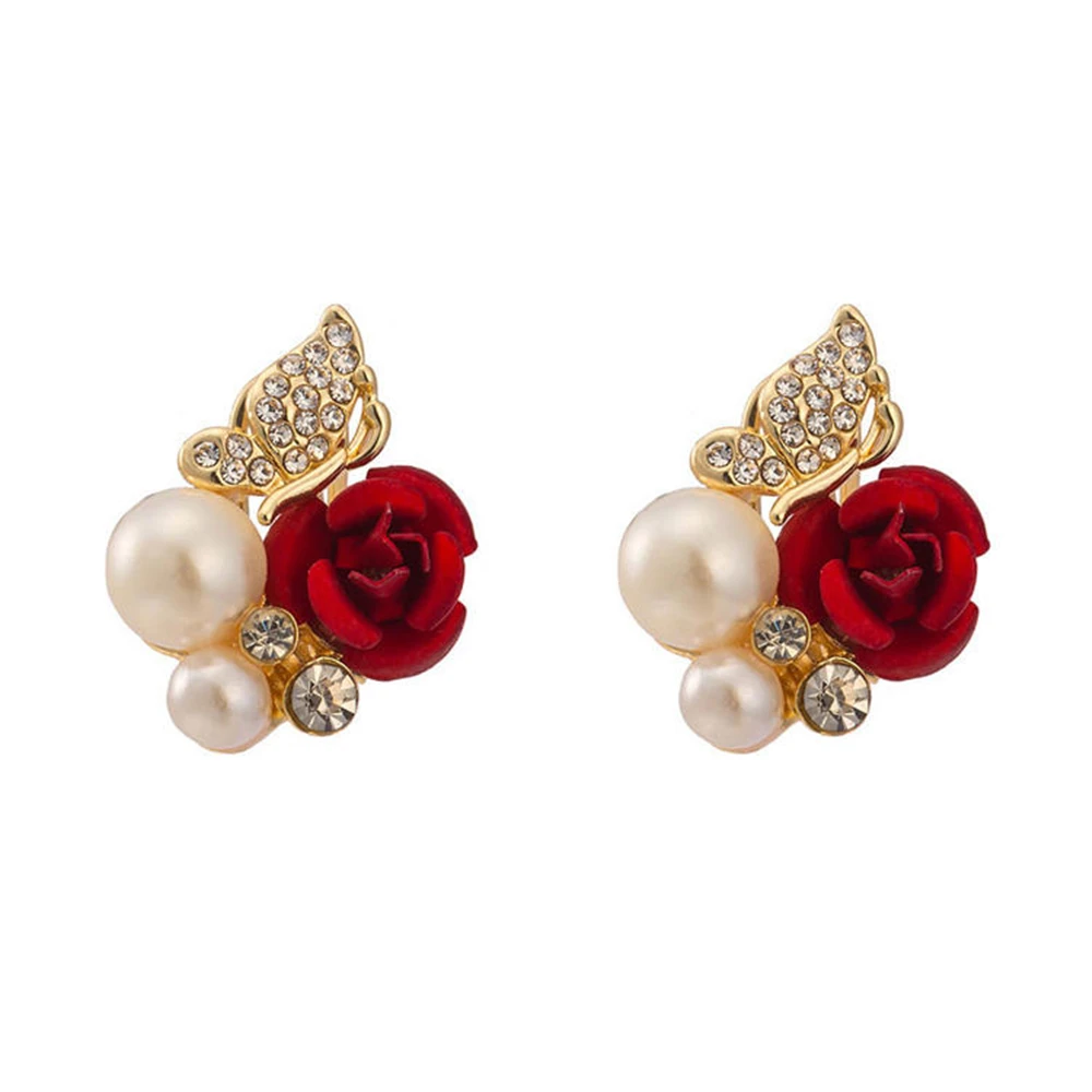 

KUNIU Boho Red Rose Butterfly Pearl Stud Earrings Gold Color Brincos Stud Earring Women Ladies Gift Party Wedding Jewelry