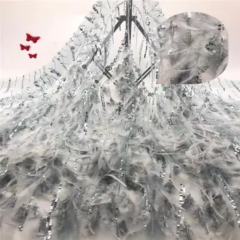 

New Upscale shiny heavy 3D flower feather beaded crystal sequin wedding dress / evening dress lace fabric 5 yards