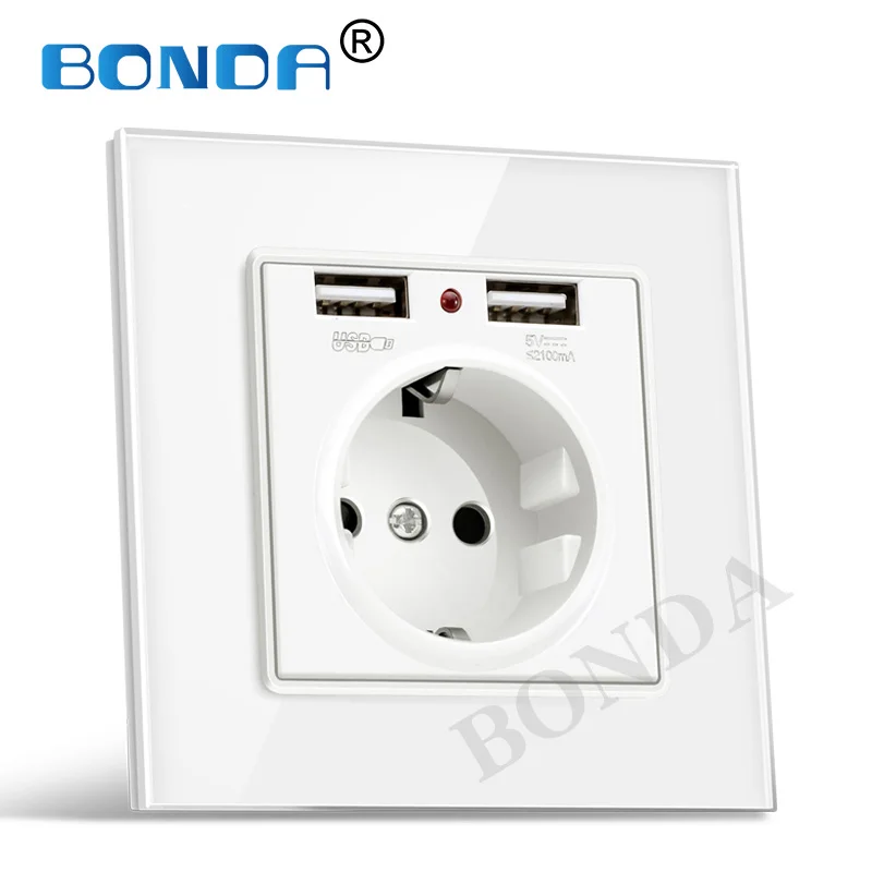 Настенная розетка BONDA с двумя USB портами Европейский и немецкий стандарт адаптер