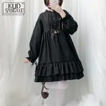 Японское женское черное платье с оборками в стиле Харадзюку, рукав-фонарик, стиль Лолиты, студенческое, милое, милое, с бантом, для девушек, шифоновое, 8446