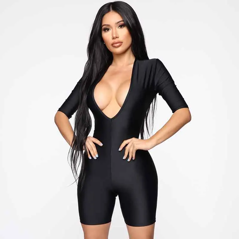 Black Plunging Neckline Sexy Half Sleeve Playsuits Fitness Summer Bodycon Jumpsuit Women Rompers Body Femme Stretchy Shorts