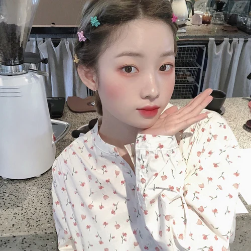 

Flower Printed Fresh Simple Long Sleeve Stand Collar Basic Fashion Cute 2019 New Spring Summer Long Sleeve Female Women Shirts