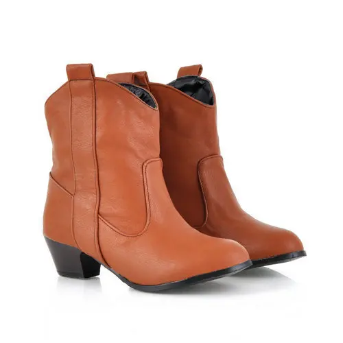 

Big size shoes 2014 autumn Mid-calf round toe square heel women boots PU plain ladies pumps T1CHD-206
