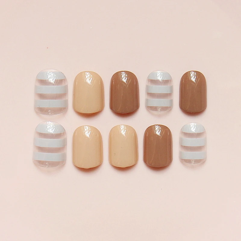

24 pcs/set European style khaki color stripes short paragraph false nail,acrylic full Nails tips,DIY art tools salon