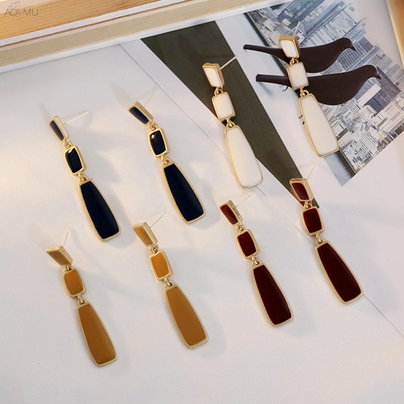 

AOMU 2019 Korea Fashion Colorful Enamel Simple Geometric Square Water Drop Long Tassel Drop Earrings for Women Girl Party Gifts