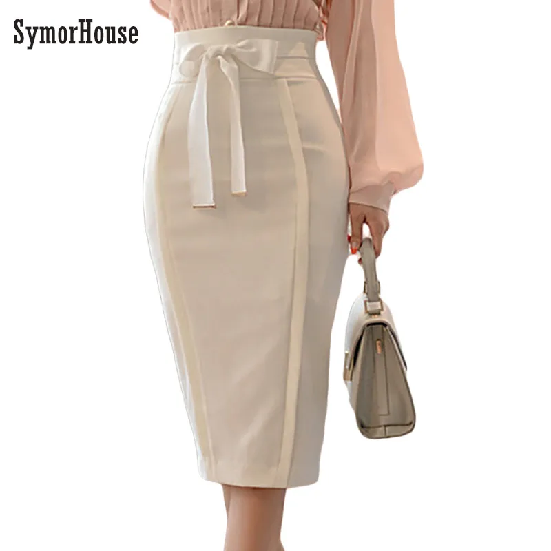 

SymorHouse Office Lady High Waist Midi Skirts Bow Detail Pencil Skirt New Arrival Split Back Sexy White Bodycon Skirts female