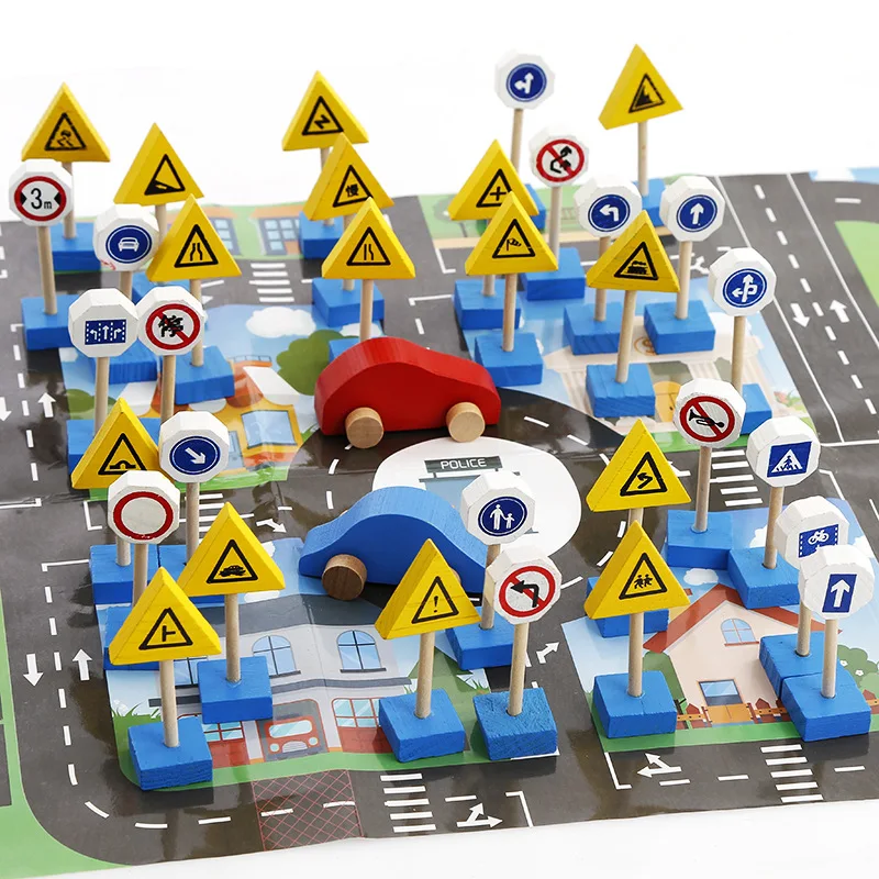 

33PCS Colorful Wooden Street Traffic Signs with 2 cars Parking Scene diagram Children Traffic Knowledge Game Educational Toys