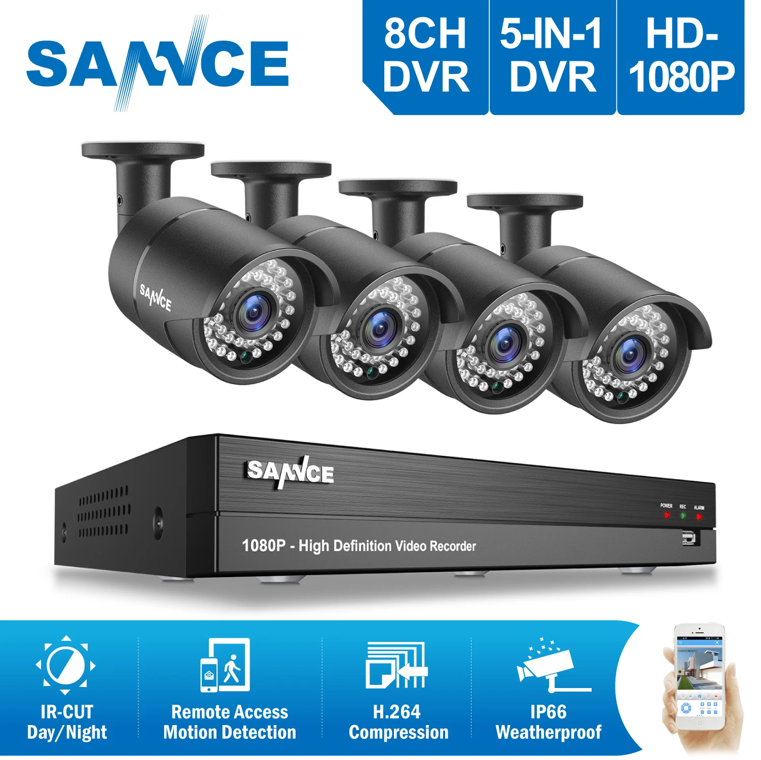 Камера видеонаблюдения SANNCE 8 каналов 1080P HDMI P2P TVI DVR 4 шт. 2000TVL 2.0мп IP|hdd kit|hdd 1hdd 2 |