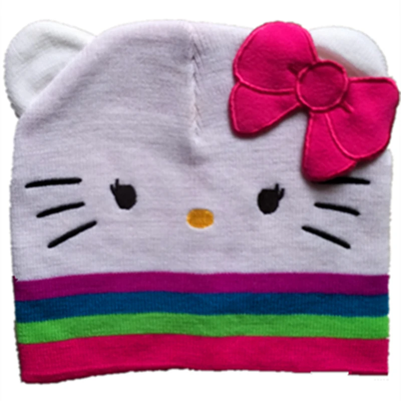 

Cartoon Anime Cotton Wool Knitting Cute Hello KT Cat Night Caps Autumn Winter Soft Teenager kid Adult Warm Hats Beanies with Bow