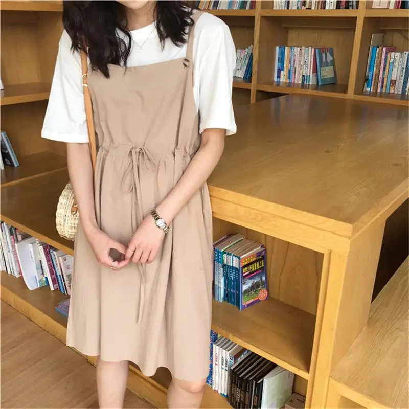 Women's Summer Korean College Wind Loose Solid Color Drawstring Button Strap Dress Female Cute Korean Kawaii Dresses For Women