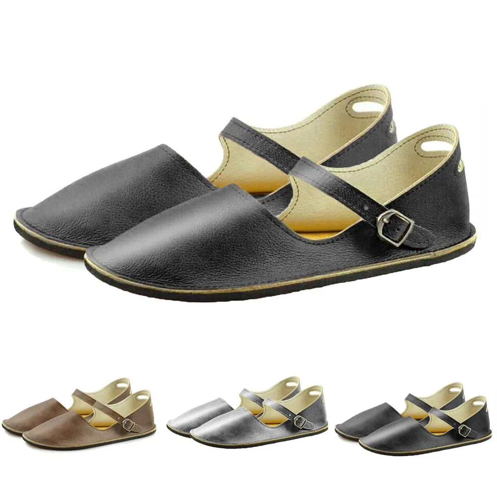 

Summer Women's Roman Shoes Retro PU Leather Buckle-Strap Sandals Student Flat Bottom single shoes Low Heels black silver khaki