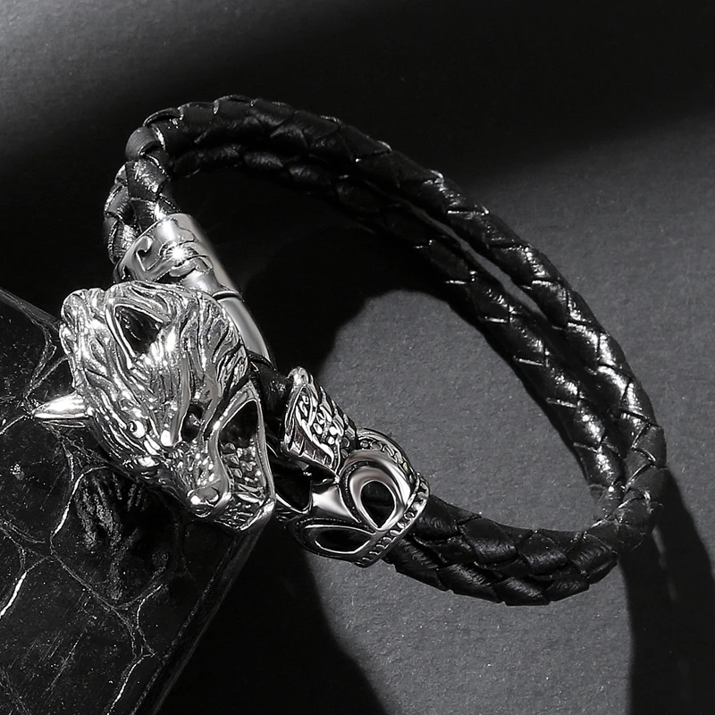 MOZO FASHION 2020 Men Jewelry Black Genuine Leather Bracelet Stainless Steel Punk Ferocious wolf Charm Bracelets Women Gift 543