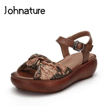 

Johnature 2020 New Summer Genuine Leather Retro Casual Floral Buckle Wedge Sandals For Women Mde Heel