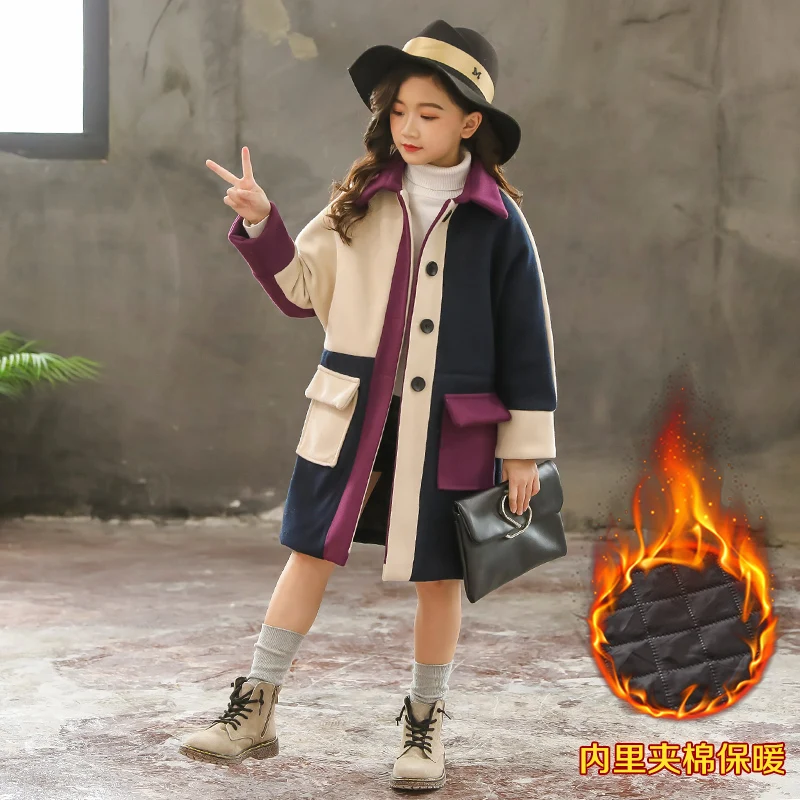 

Kids girl overcoat Winter new fashion Houndstooth wool coat for girls Teens autumn jacket warm long outerwear Children Windproof