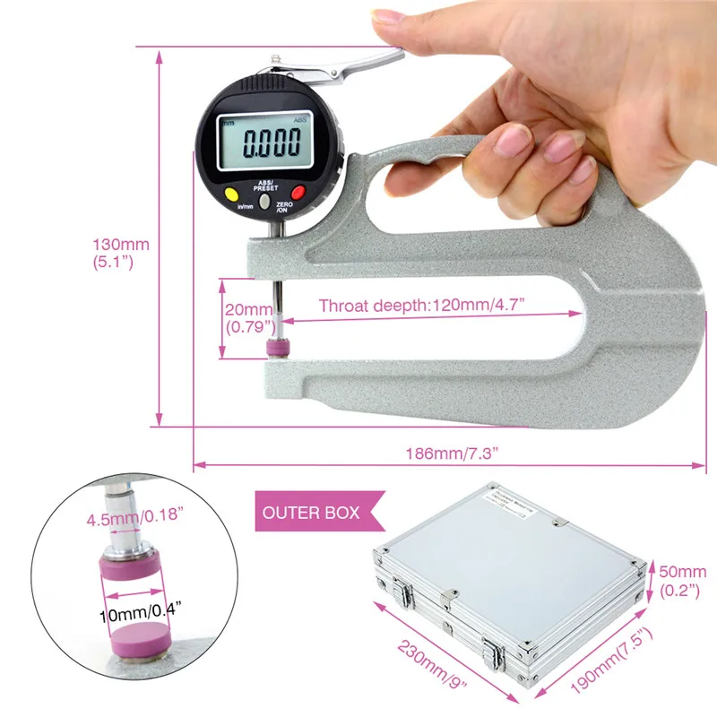 0-10mm Digital Thickness Gauge Electronic Leather Film Paper Plate Thickness Meter Tester 0.001mm Resolution Long Handle Measure (5)