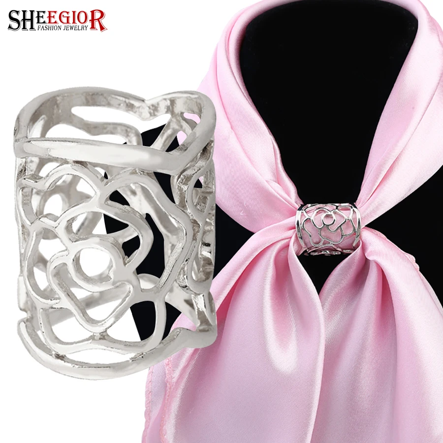 

SHEEGIOR Lovely Cylindrical Silk Scarf Buckle Brooches Romantic Gold Silver Hollow Rose Brooches for Women Fashion Jewelry Gifts