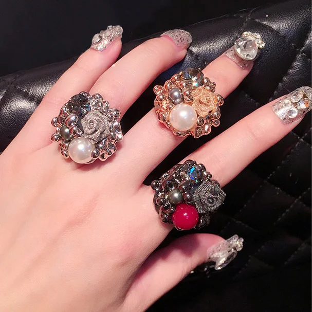 Slyq Jewelry Elegant Flower Pearl Rings 925 Sterling Silver Women Wedding Party Finger Ring Enamel Black Jewelry anillo