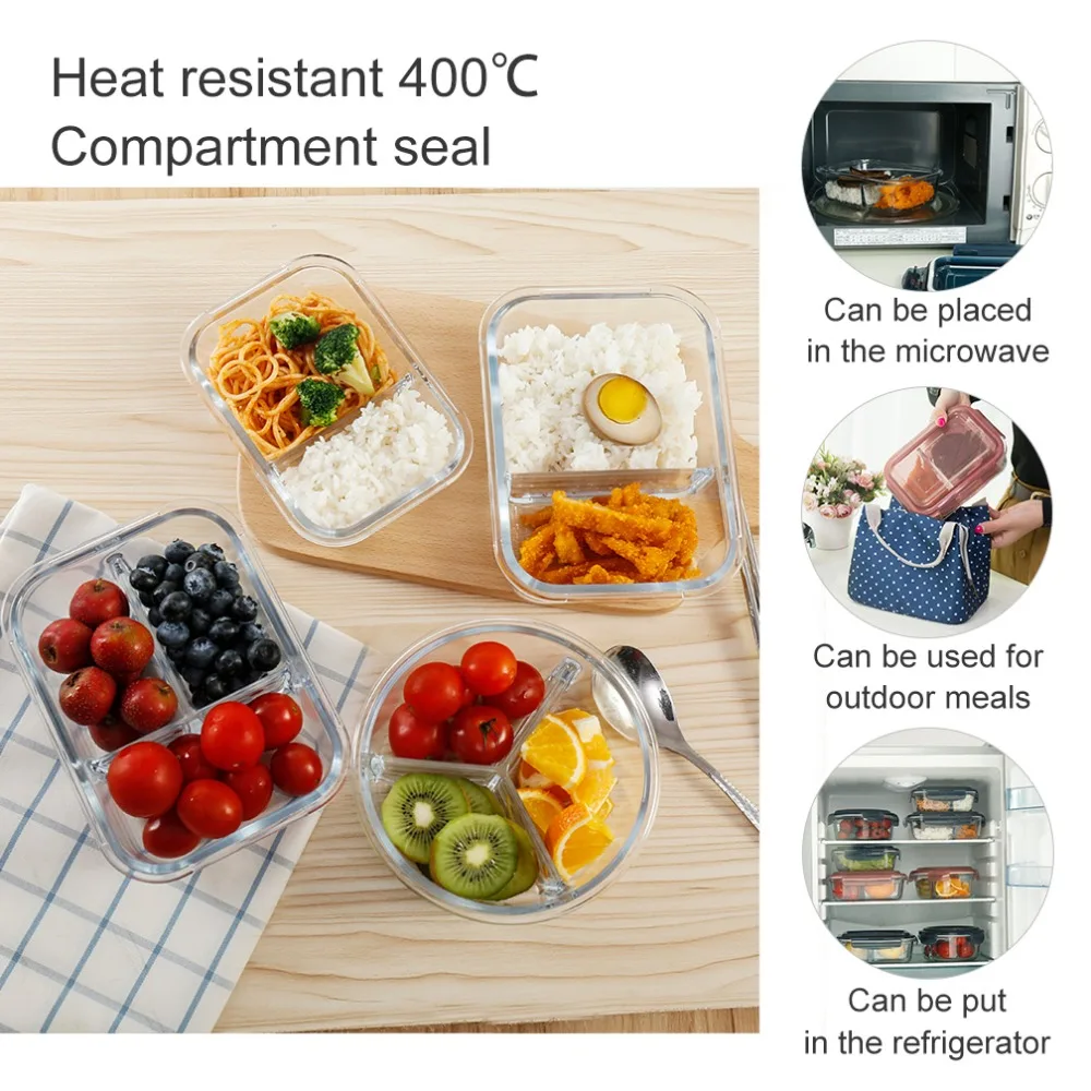 Microwave Multi-Compartment Glass Lunch Box Meal Prep Container Food Storage Dinnerware Food Storage Container Lunchbox DQ9110