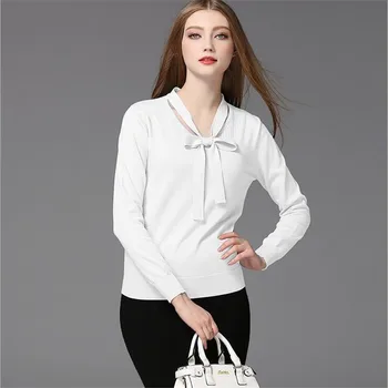 

Elegant Spring T shirt Women 2020 Pullovers Knitted Long Sleeve Bow Sweater T shirt Woman Office&School All Match Top