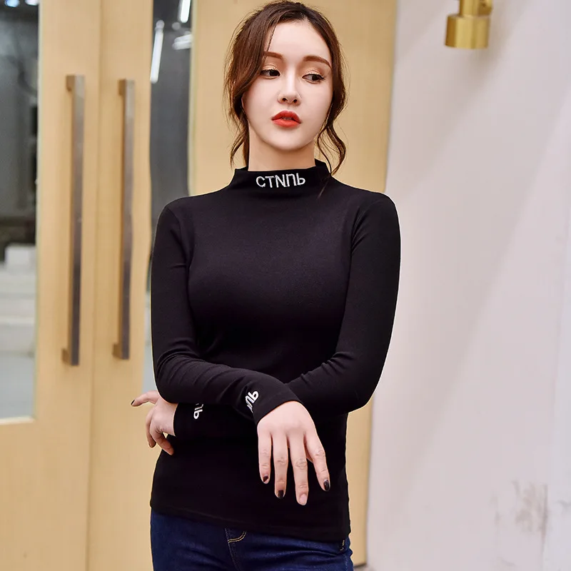 

Nantersan new half-high collar bottoming shirt female slim slimming embroidery solid color long-sleeved T-shirt student shirt