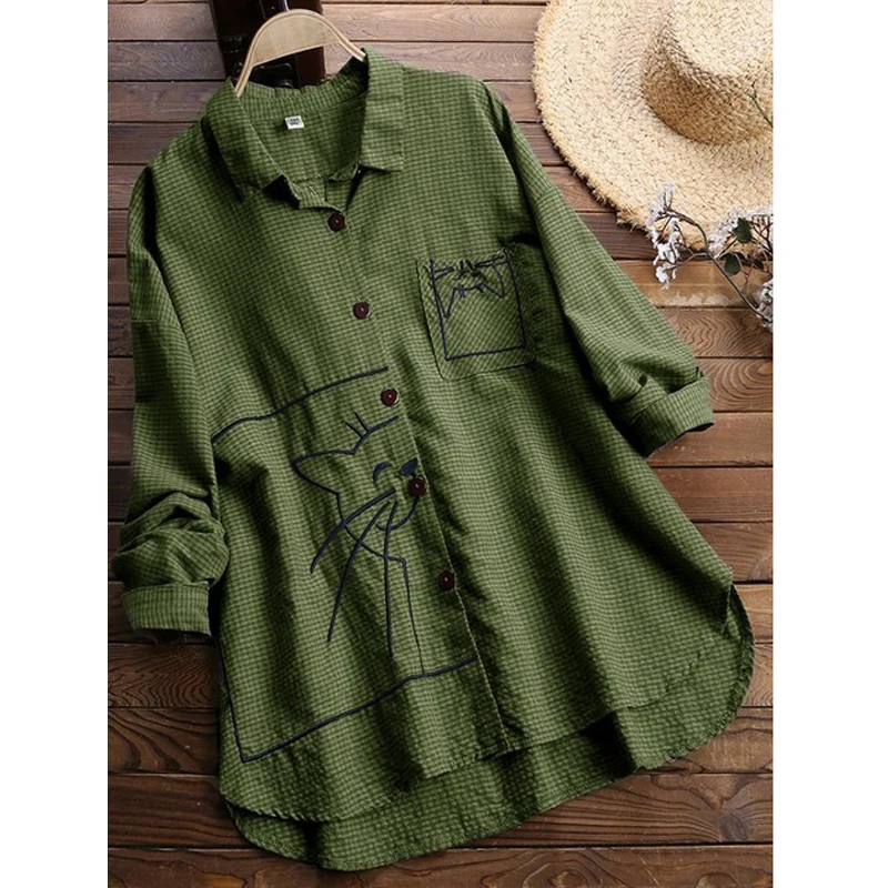 

2019 Autumn Long Sleeve Blouse Women Cute Print Plaid Blouse Plus Size Womens Tops And Blouses Cotton